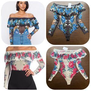 NWT Jealous Tomato Mesh Bodysuit Off Shoulder Ruffled Floral